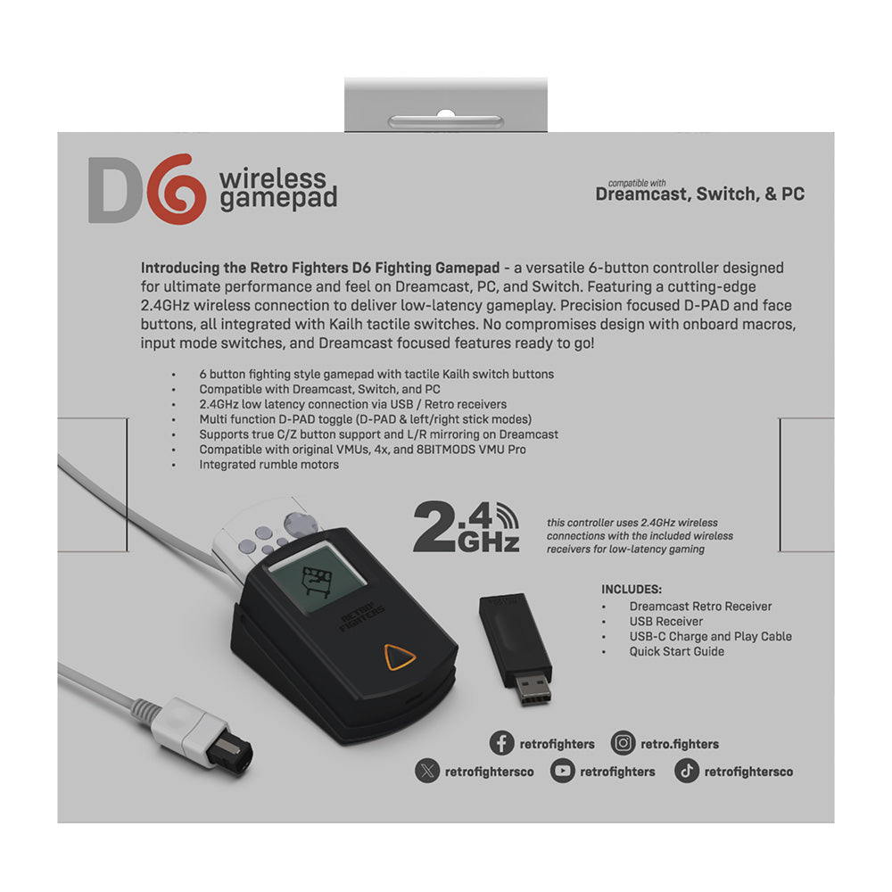 【発売中!】D6 Wireless Controller for Dreamcast™【ブラック】– 究極の6ボタンワイヤレスコントローラー!次世代ワイヤレス技術 × クラシックな操作性!レトロゲーマー必見の必携アイテム!