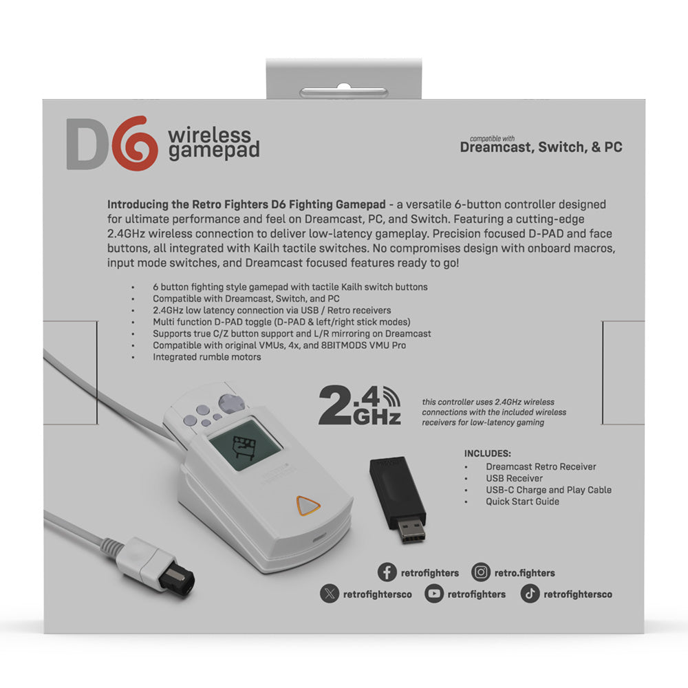 【在庫あり/発売中!】D6 Wireless Controller for Dreamcast™【ホワイト】– 究極の6ボタンワイヤレスコントローラー!次世代ワイヤレス技術 × クラシックな操作性!レトロゲーマー必見の必携アイテム!