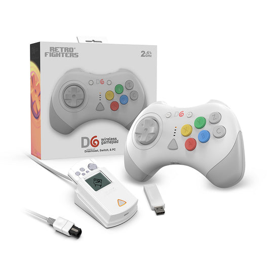 【在庫あり/発売中!】D6 Wireless Controller for Dreamcast™【ホワイト】– 究極の6ボタンワイヤレスコントローラー!次世代ワイヤレス技術 × クラシックな操作性!レトロゲーマー必見の必携アイテム!