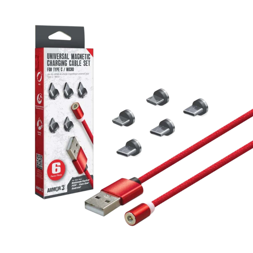 Hyperkin Armor3™ マグネット式充電ケーブルセット レッド(USB Type-C & Micro USB) – 6ピース
