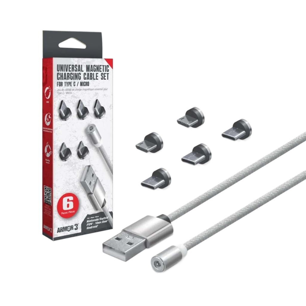 Hyperkin Armor3™ マグネット式充電ケーブルセット シルバー(USB Type-C & Micro USB) – 6ピース