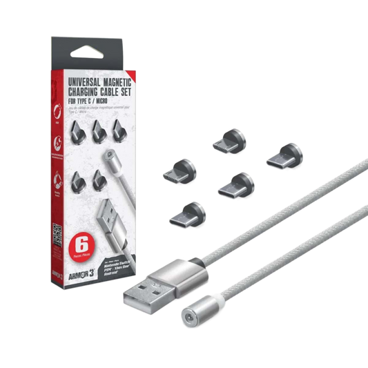 Hyperkin Armor3™ マグネット式充電ケーブルセット シルバー(USB Type-C & Micro USB) – 6ピース