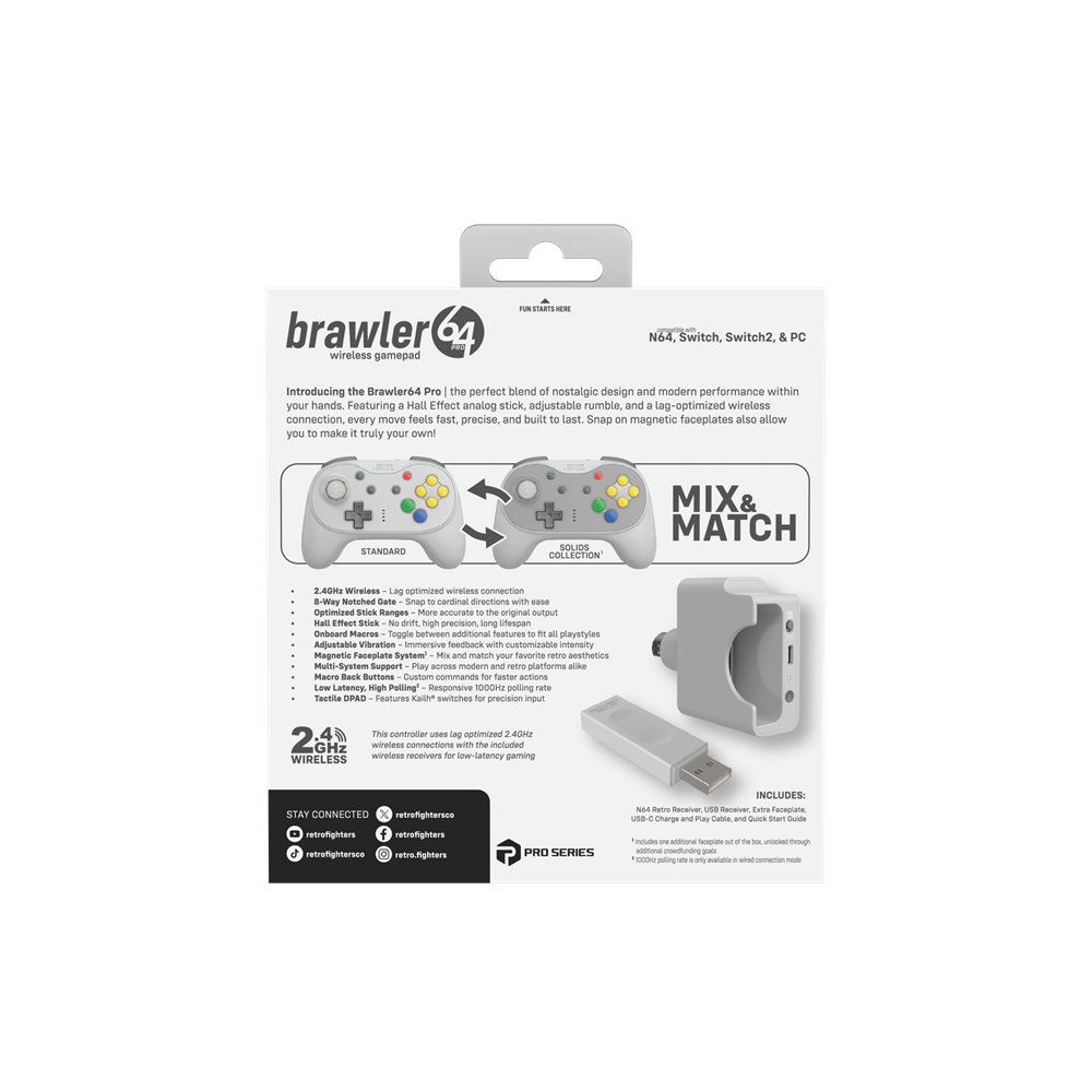 Retro Fighters Brawler64 Pro Series ワイヤレスコントローラー ホールエフェクトスティック搭載 Nintendo 64 / Switch / Switch 2 / PC 対応