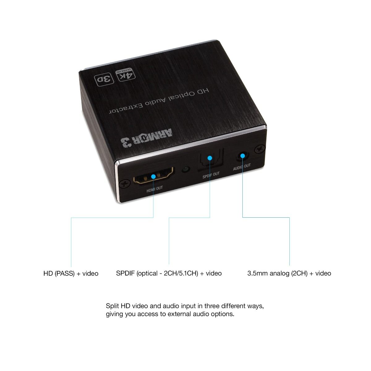 Armor3 HDMI音声分離器 - 光デジタル&アナログ音声出力 | SPDIFトスリンク/3.5mmステレオ/HDMIパススルー対応 | AVサウンドレシーバー対応 | 5V/1A USB給電 (別売り)