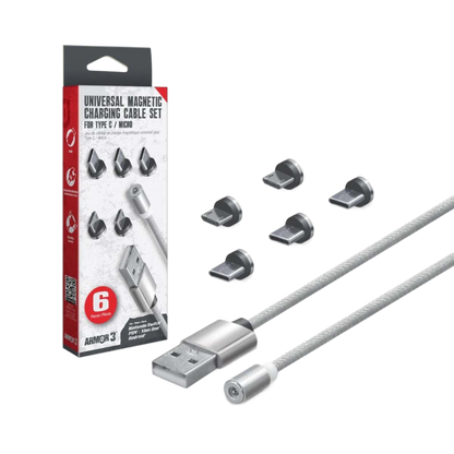 Hyperkin Armor3™ マグネット式充電ケーブルセット シルバー（USB Type-C &amp; Micro USB） – 6ピース