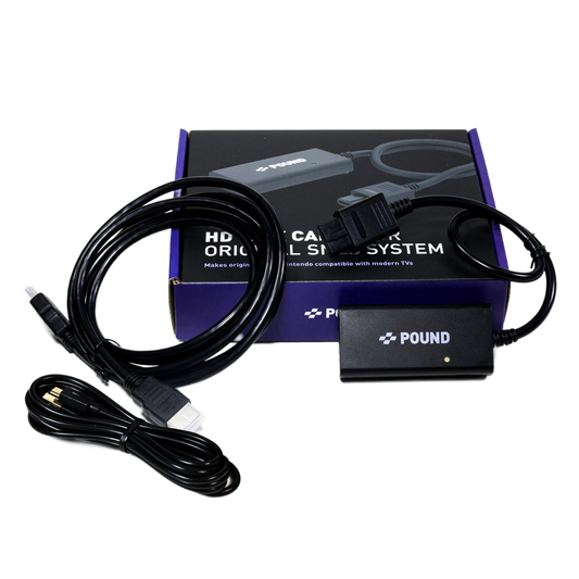 POUND SNES HD Linkケーブル - スーパーファミコン（SNES）用、RGB映像品質＆720pアップスケーリング、NTSC/PAL両対応、現代テレビで高画質ゲーム体験、Micro USB電源オプション付き